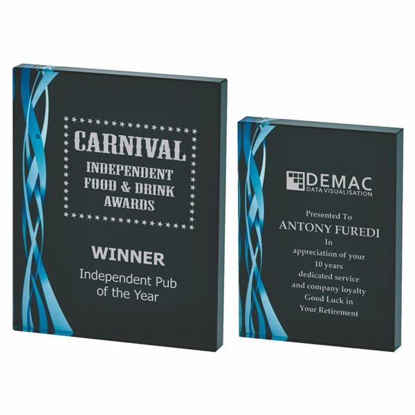 Rectangular Glass Award 20mm Thick with Black/Blue Design T.4053