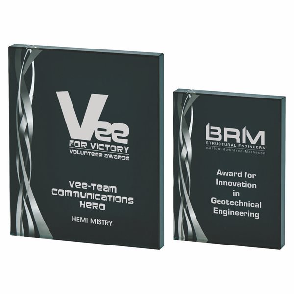 Rectangular Glass Award 20mm Thick with Black/Silver Design T.4058