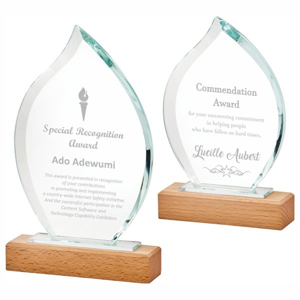 Curved Flame Glass Award On Wood Base T.4105