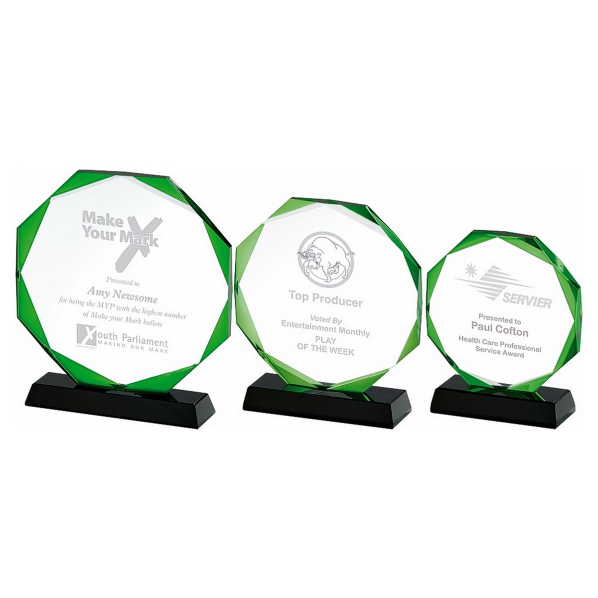 Octagon Glass Award with Green Beveled Border 15mm Thick T.2917