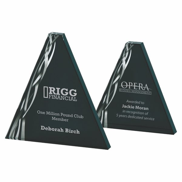 Triangular Glass Award 20mm Thick with Black/Silver Design T.4057