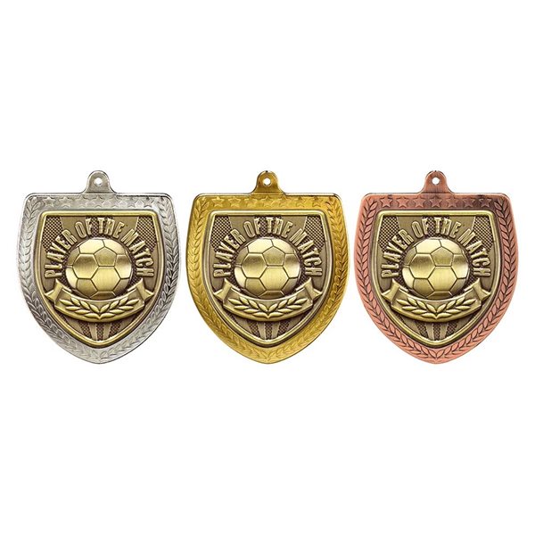 Player Of The Match 75mm Cobra Shield Medal in Gold, Silver & Bronze MM25113