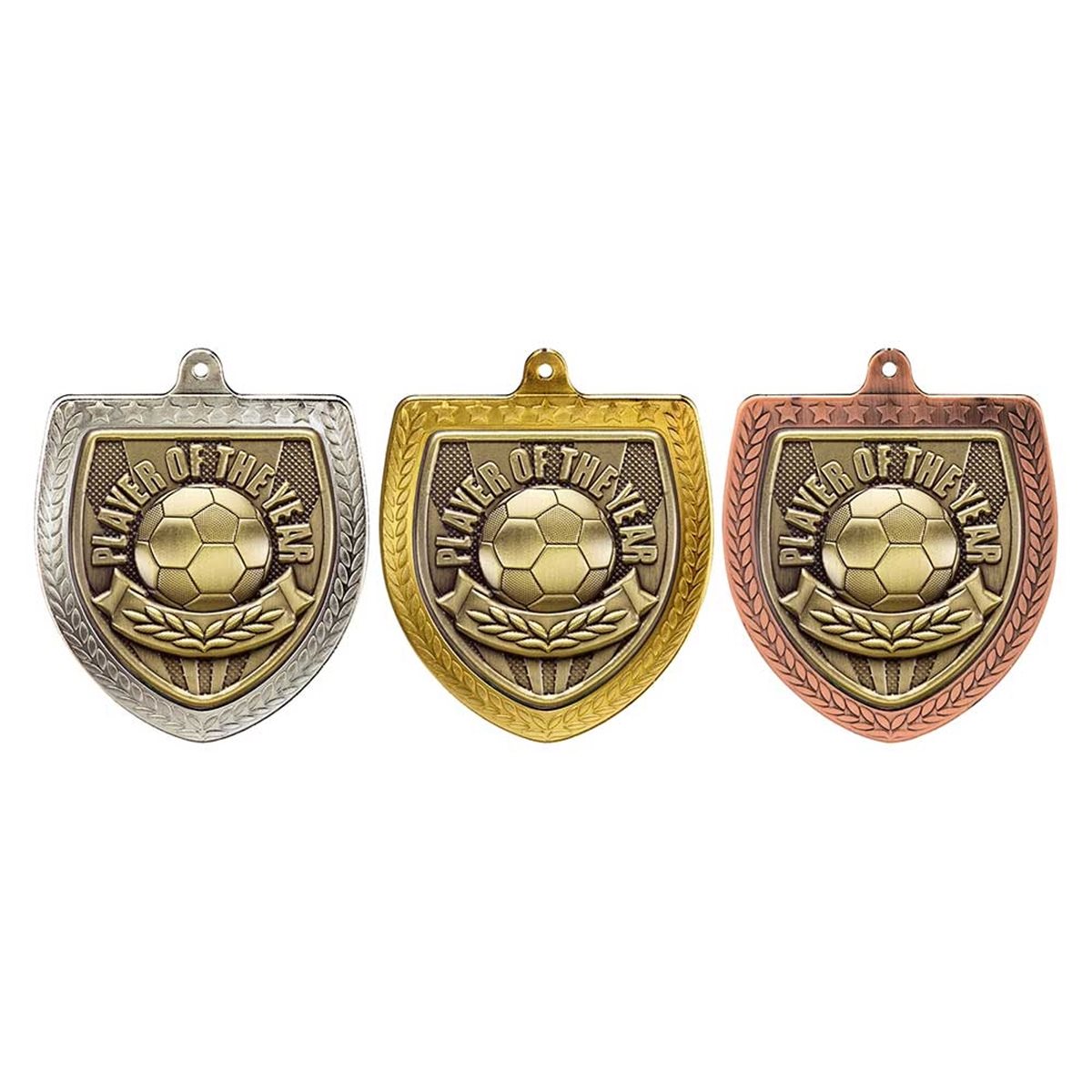 Player Of The Year 75mm Cobra Shield Medal in Gold, Silver & Bronze MM25111