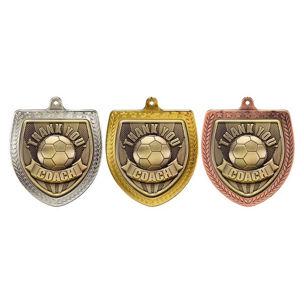 Thank You Coach 75mm Cobra Shield Medal in Gold, Silver & Bronze MM25112