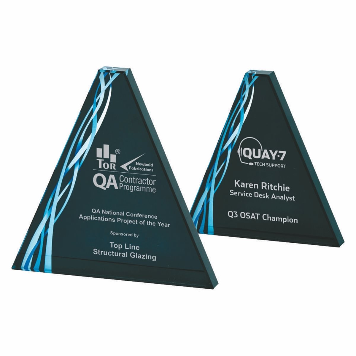 Triangular Glass Award 20mm Thick with Black/Blue Design T.4050