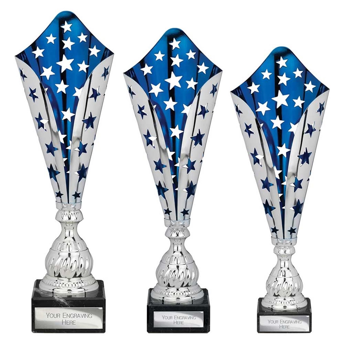 Silver and Blue Star Laser Cup on Black Marble Base - TR25538