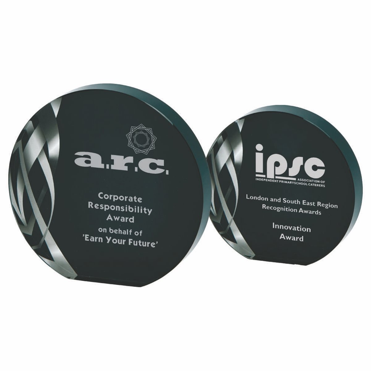 Round Glass Award 20mm Thick with Black/Silver Design T.4061