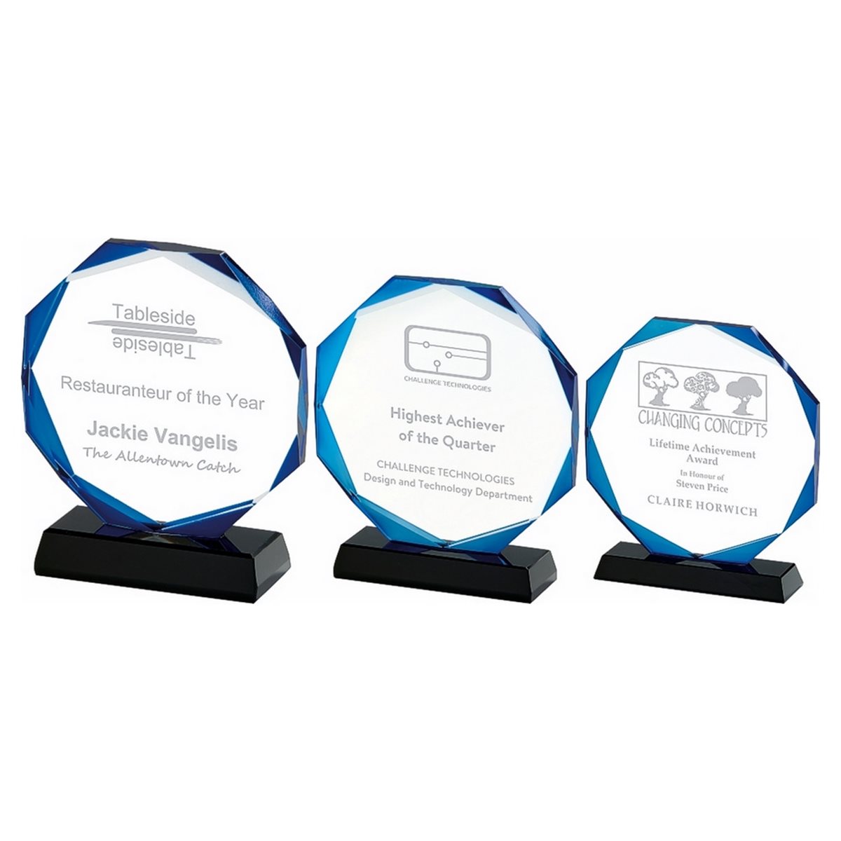 Octagon Glass Award with Blue Beveled Border 15mm Thick T.2918