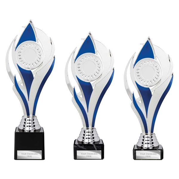 Silver and Blue Plastic Trophy on Black Marble Base TR25543