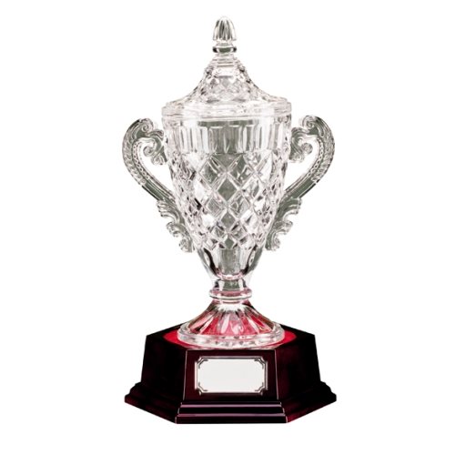 Champions Glass Merit Cup Award on Wood Base CR7226 - Lindisfarne Crystal 24% lead (UK made)